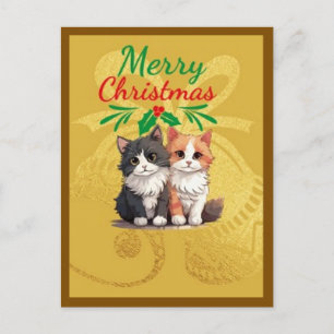 Carte Postale Beau Joyeux Noël Golden chat et chien