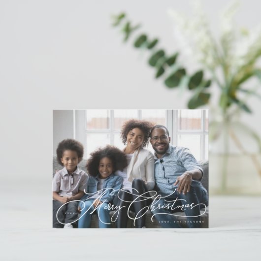 Carte Postale Beau Joyeux script de Noël design photo (Debout devant)