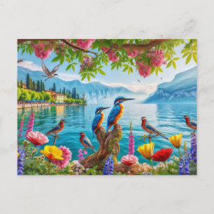 Carte Postale Beau lac avec oiseaux et fleurs Peinture