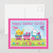 Carte Postale Beau lapin, poussins et oeufs au chocolat Train Pâ (Devant / Derrière)