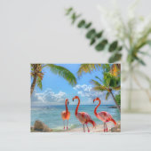 Carte Postale Beau Océan Flamants roses Rose Palmiers Sable (Debout devant)