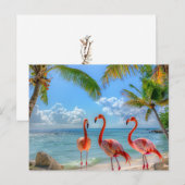 Carte Postale Beau Océan Flamants roses Rose Palmiers Sable (Devant / Derrière)