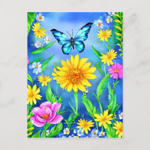 Carte Postale Beau papillon bleu dans une prairie fleurie