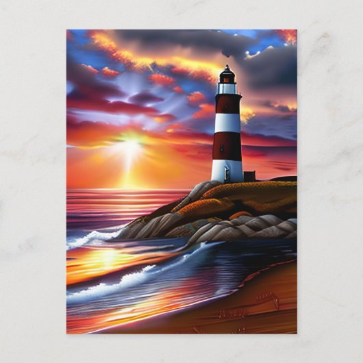 Carte Postale Beau phare, coucher de soleil et vagues océaniques (Devant)