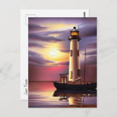 Carte Postale Beau phare, voilier et Ocean Sunset (Devant / Derrière)
