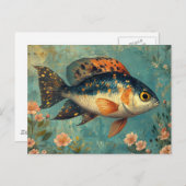 Carte Postale Beau poisson et fleurs roses (Devant / Derrière)