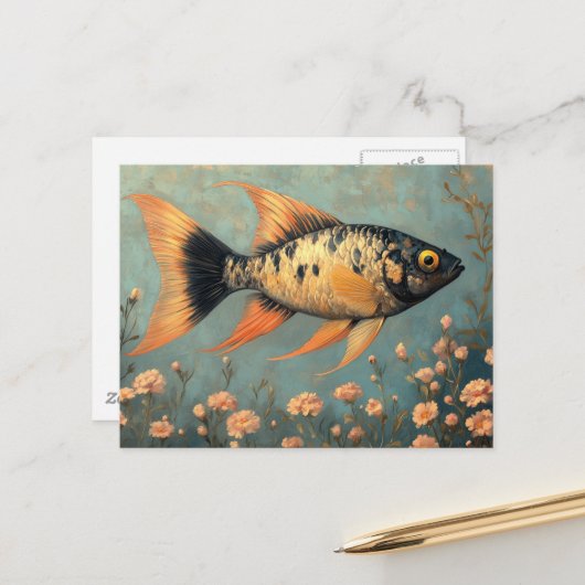 Carte Postale Beau Poisson noir tacheté et Fleurs roses (Devant/Arrière en situation)