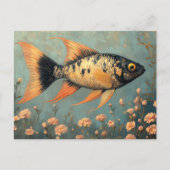 Carte Postale Beau Poisson noir tacheté et Fleurs roses (Devant)