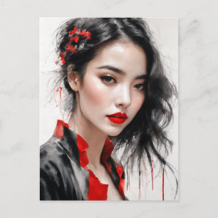 Carte Postale Beau Portrait Lady Red Ink