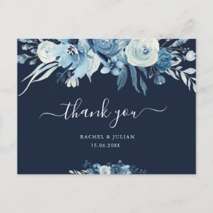 Carte Postale Beau script bleu mariage floral merci