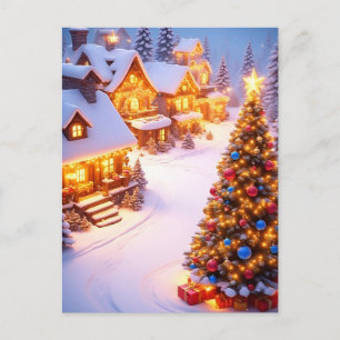 Carte Postale Beau village de Noël neigeux avec arbre