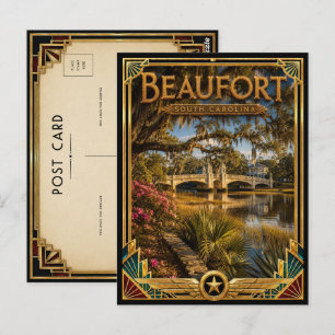 Carte Postale Beaufort Caroline du Sud Art Déco Doré Vintage