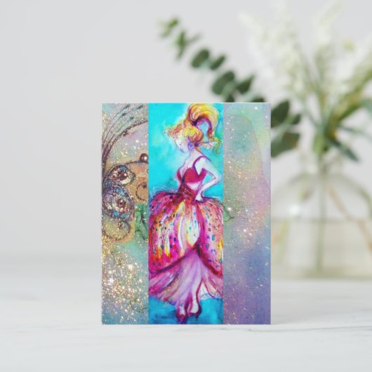 Carte Postale BEAUTÉ EN ROBE ROSE / Plante Papillon Magique (Debout devant)