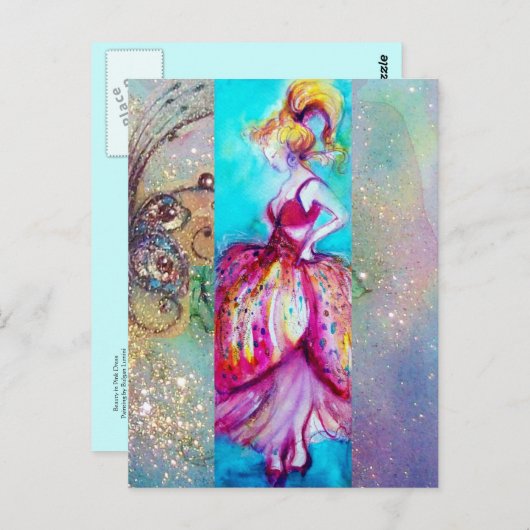 Carte Postale BEAUTÉ EN ROBE ROSE / Plante Papillon Magique (Devant / Derrière)