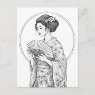 Carte Postale Beauté japonaise avec éventail pliant