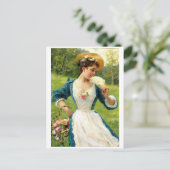 Carte Postale Beauté Jeune Avec Panier De Roses (Debout devant)