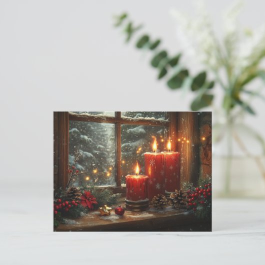 Carte Postale Beautiful Glowing Red Candles Pine Cones Berries (Debout devant)