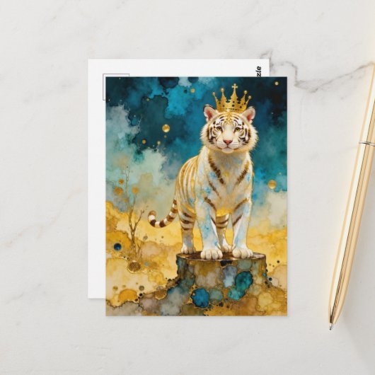 Carte Postale Beautiful White Tiger in a Gold Crown (Devant/Arrière en situation)