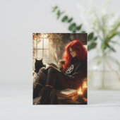 Carte Postale beautiful witch and cat enjoying tea and a book (Debout devant)
