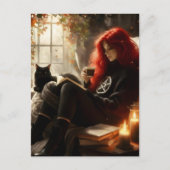 Carte Postale beautiful witch and cat enjoying tea and a book (Devant)