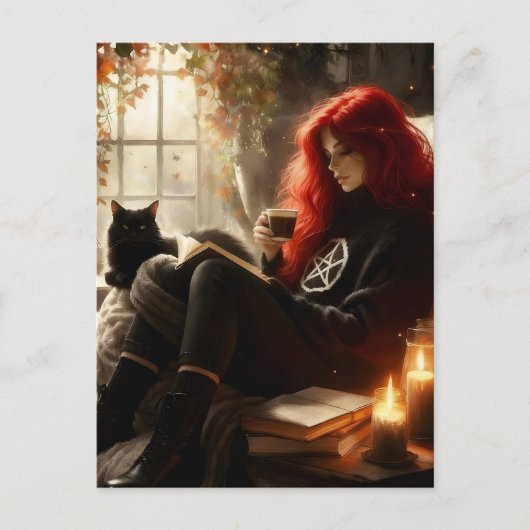 Carte Postale beautiful witch and cat enjoying tea and a book (Devant)