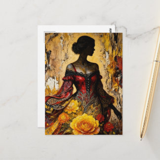 Carte Postale Beautiful Woman Red Dress Yellow Roses