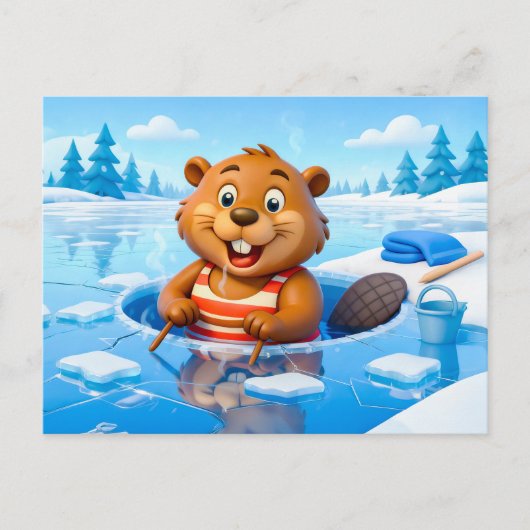 Carte Postale Beaver Ice Bathing in a Striped Swimsuit (Devant)