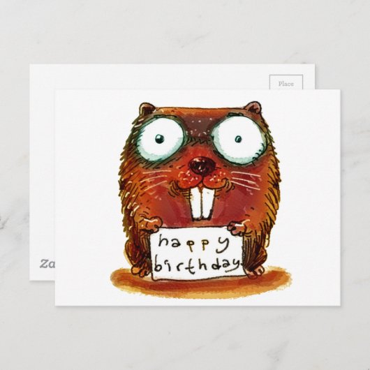 Carte Postale beaver tient joyeux message d'anniversaire dessin  (Devant / Derrière)