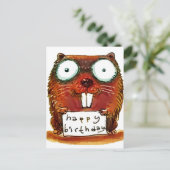 Carte Postale beaver tient joyeux message d'anniversaire dessin  (Debout devant)