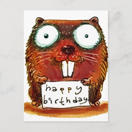 Carte Postale beaver tient joyeux message d'anniversaire dessin  (Devant)
