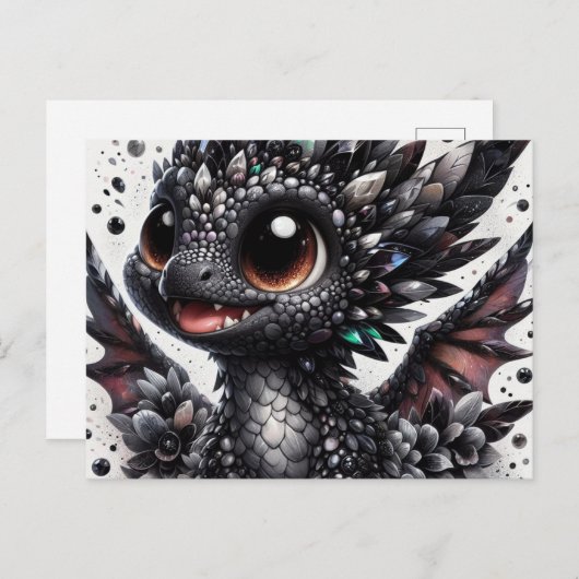 Carte Postale Bébé adorable Dragon noir (Devant / Derrière)