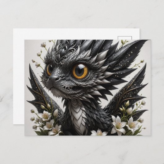 Carte Postale Bébé adorable Dragon noir Fleurs blanches (Devant / Derrière)