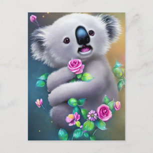 Carte Postale Bébé adorable Ours Koala avec fleurs