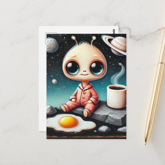 Carte Postale Bébé Alien avec café et œuf (Devant/Arrière en situation)