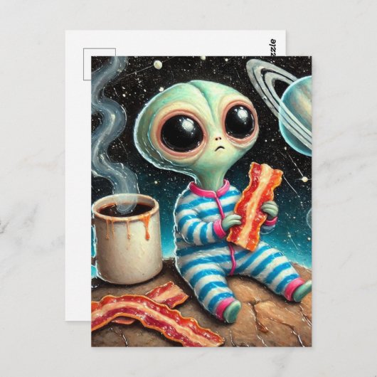 Carte Postale bébé alien mangeant du lard (Devant / Derrière)