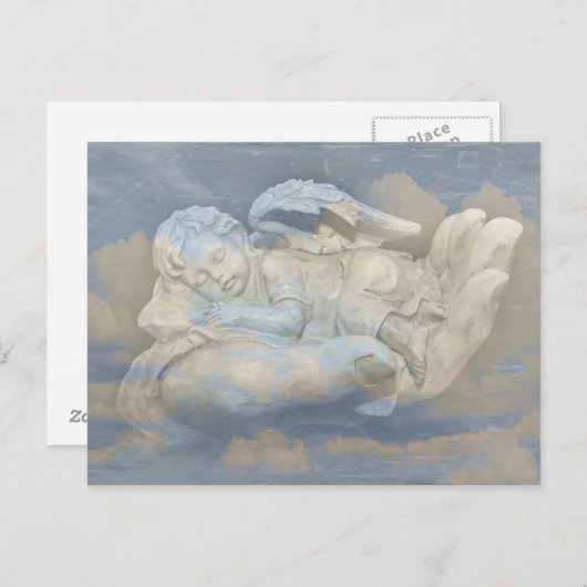 Carte Postale Bébé Ange ailes dormant dans la main de Dieu (Devant / Derrière)