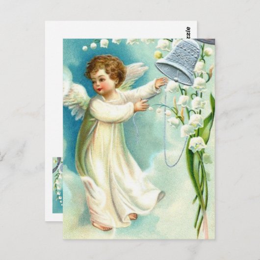 Carte Postale Bébé Ange Avec Cloche Bleue (Devant / Derrière)