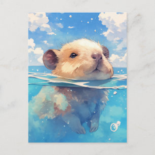 Carte Postale Bébé Capybara Nageant dans l'Eau Bleue Profonde de