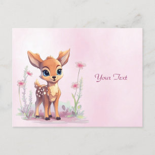 Carte postale bébé cerf aquarelle fleurs roses