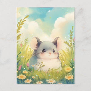 Carte Postale Bébé Chinchilla dans une Prairie Verte Ensoleillée
