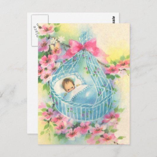 Carte Postale Bébé dans une corbeille bleue (Devant / Derrière)