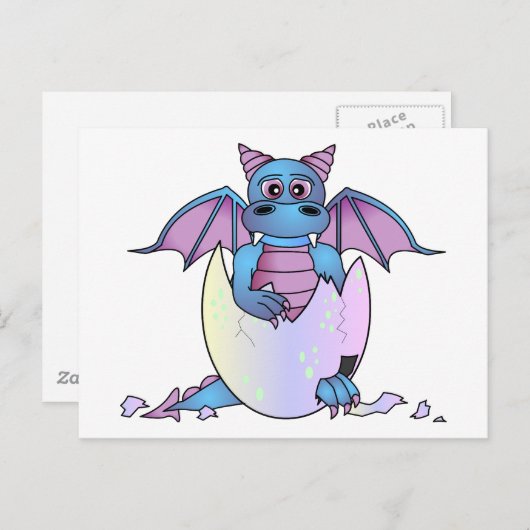 Carte Postale Bébé de Dragon mignon dans Oeuf Cracké - Bleu / Vi (Devant / Derrière)