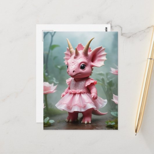Carte Postale Bébé Dino en robe rose (Devant/Arrière en situation)