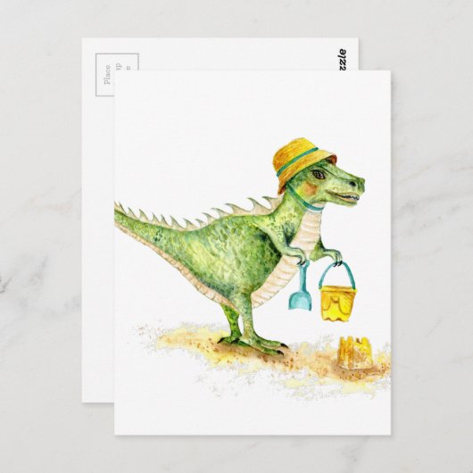 Carte Postale Bébé Dinosaure T-Rex sur la Plage (Devant / Derrière)