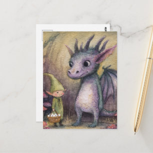 Carte Postale Bébé dragon violet et elfe avec des œufs