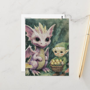 Carte Postale Bébé dragon violet mignon et elfe avec des œufs