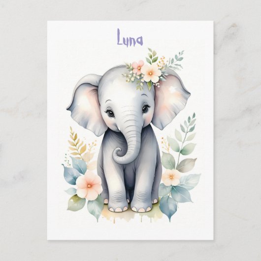 Carte Postale Bébé Éléphant en Fleur (Devant)