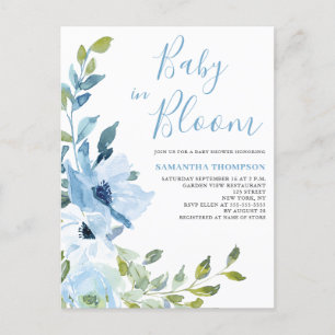 Carte Postale Bébé en Fleur Fête de Bébé Florale Bleue