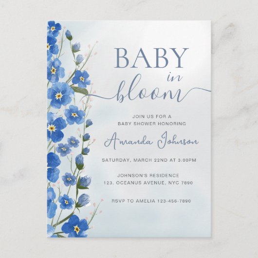 Carte Postale Bébé en Fleur Garçon Bleu Floral Douche (Devant)