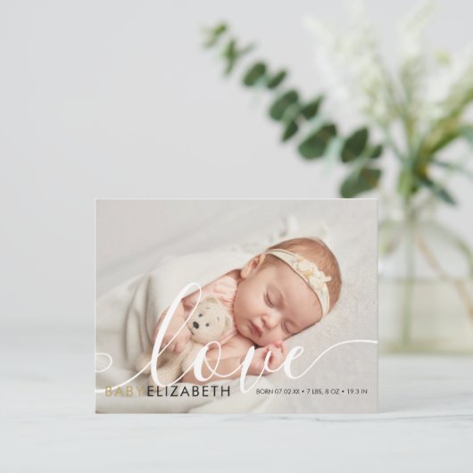 Carte Postale Bébé Faire-part de naissance à petit script mignon (Debout devant)